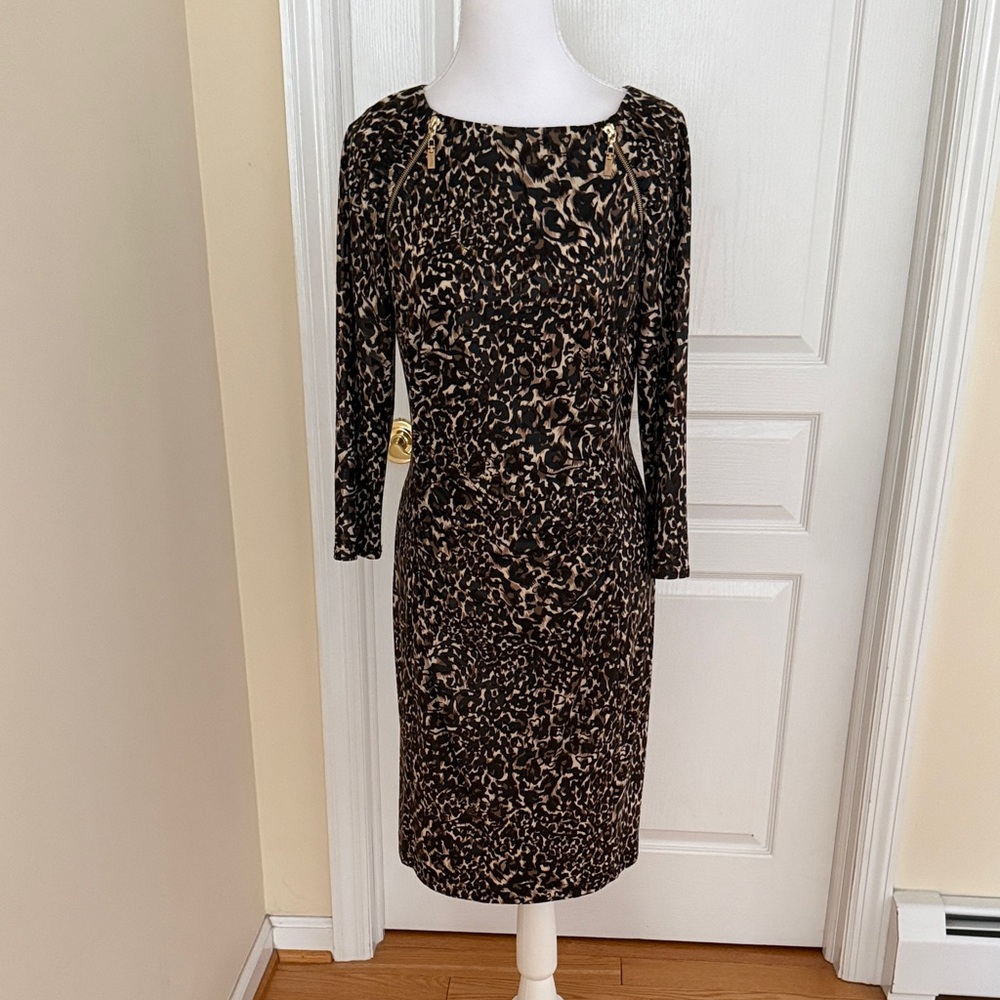 Joseph Ribkoff Brown and Black Leopard Print Long Sleeve elegant dress gold zipp